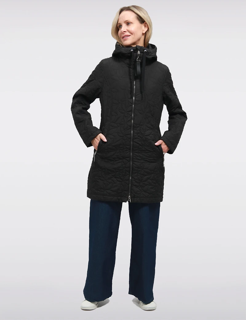 Lightweight Vegan Floral Quilted Mid-Length Jacket Parka with Hood by Saki