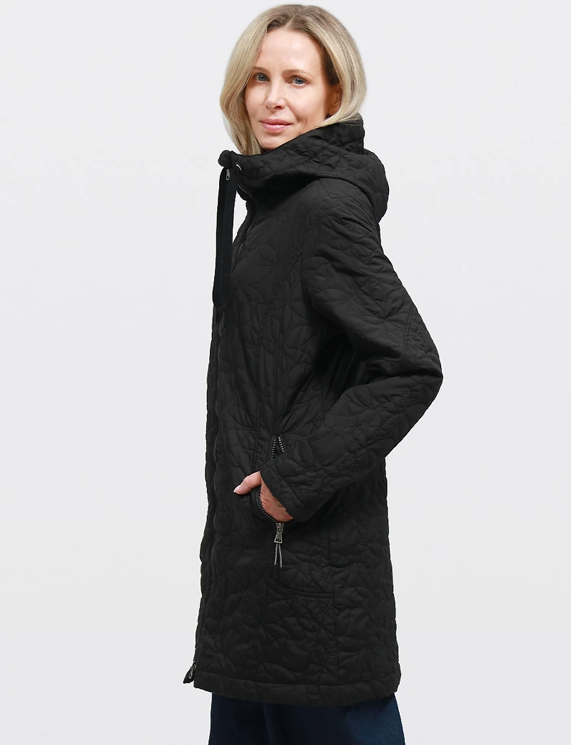 Lightweight Vegan Floral Quilted Mid-Length Jacket Parka with Hood by Saki