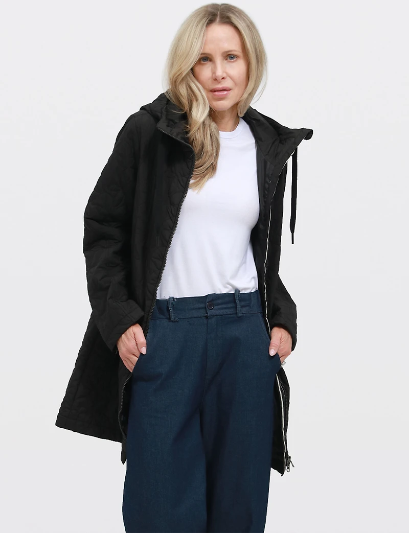 Lightweight Vegan Floral Quilted Mid-Length Jacket Parka with Hood by Saki