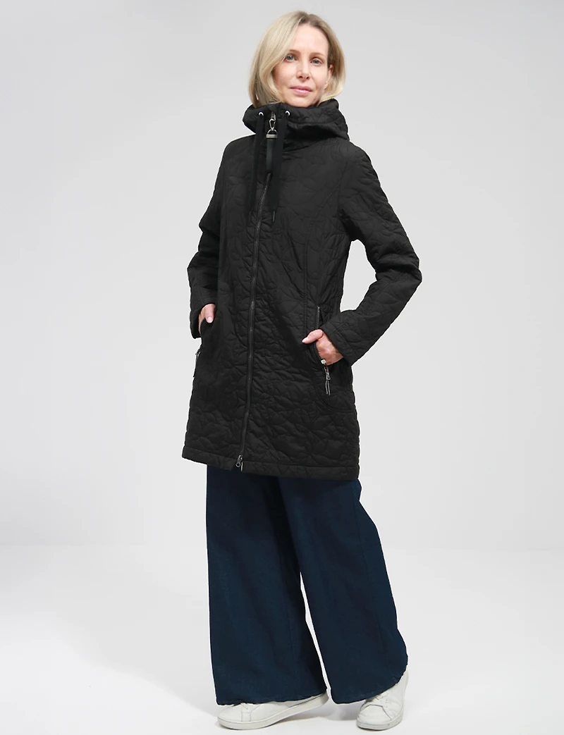 Lightweight Vegan Floral Quilted Mid-Length Jacket Parka with Hood by Saki