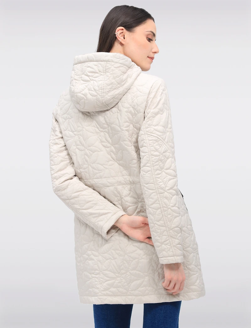 Lightweight Vegan Floral Quilted Mid-Length Jacket Parka with Hood by Saki