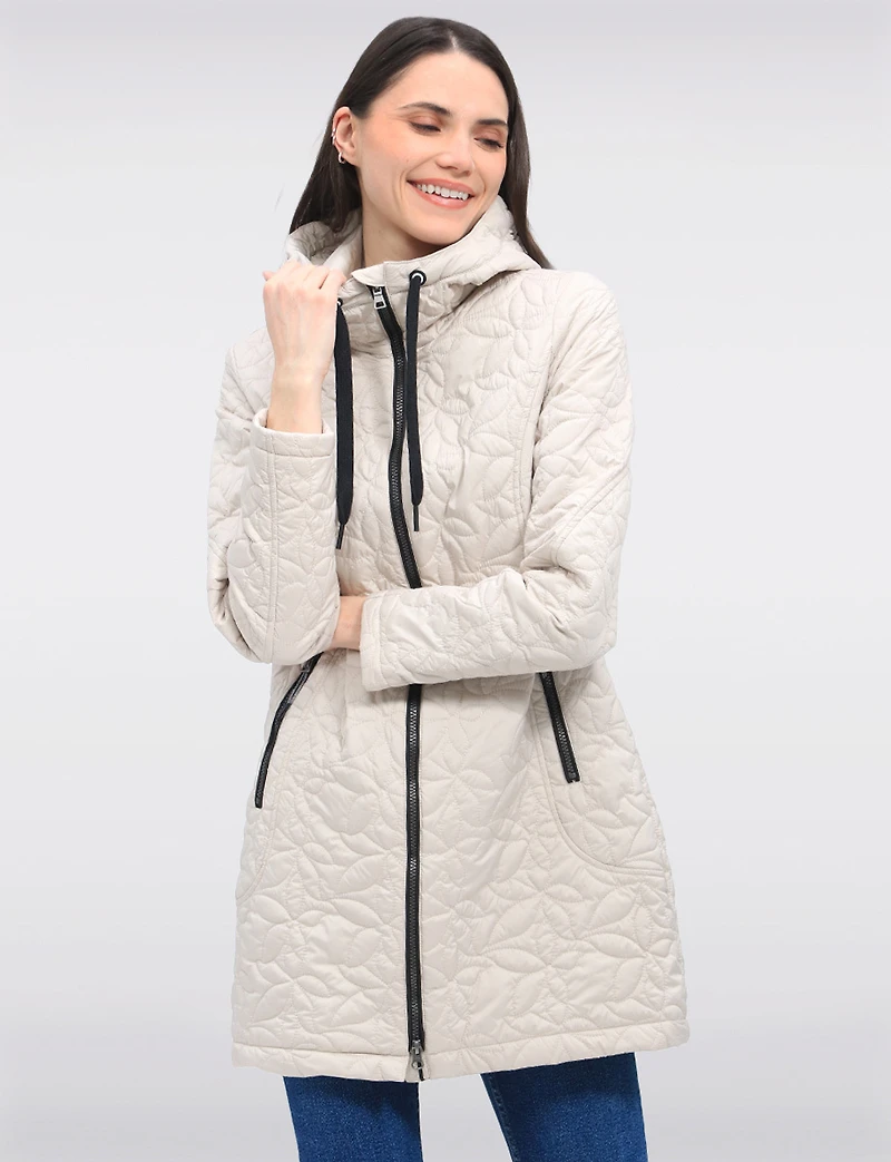 Lightweight Vegan Floral Quilted Mid-Length Jacket Parka with Hood by Saki