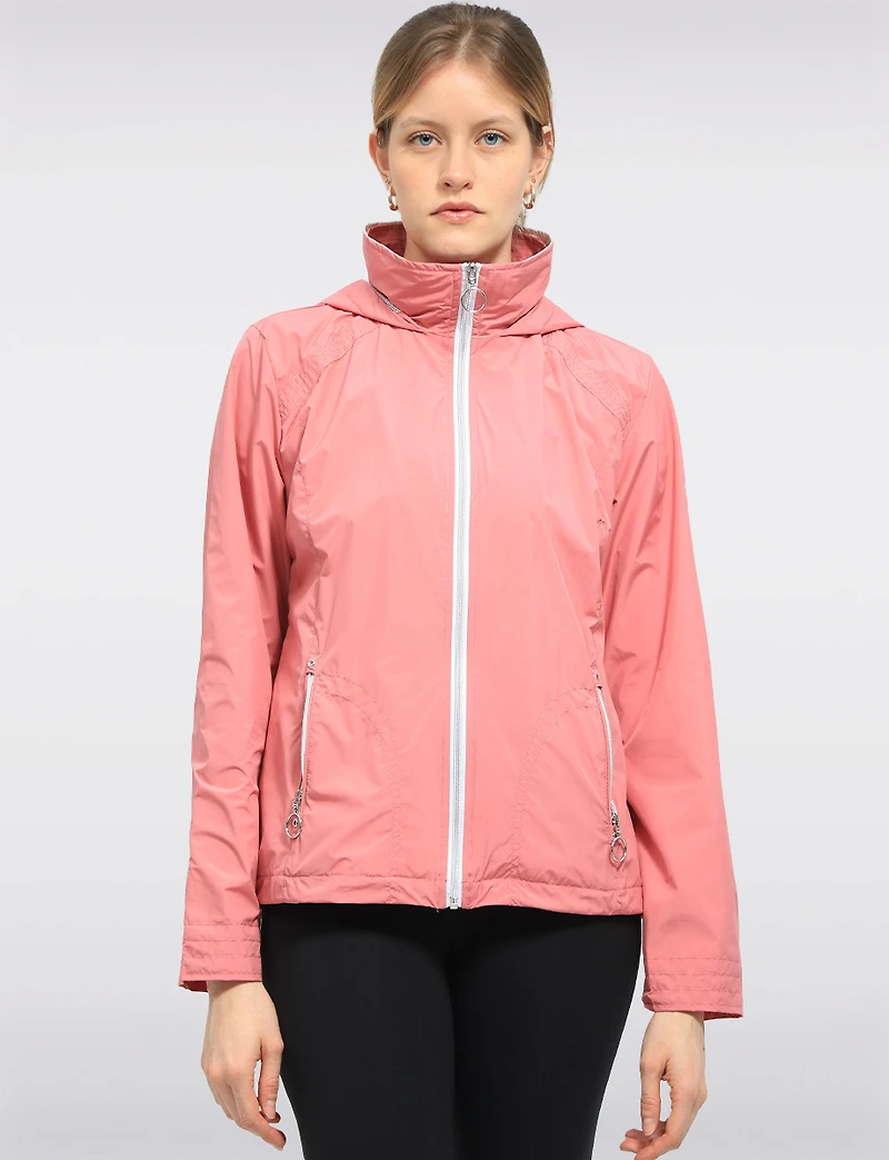 Lightweight Active Vegan Hooded Windbreaker Jacket with Inner Zip-up Bib by Saki