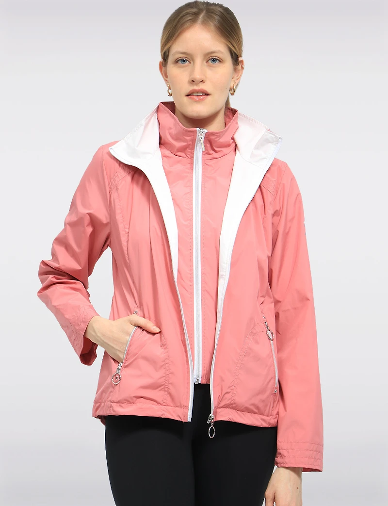 Lightweight Active Vegan Hooded Windbreaker Jacket with Inner Zip-up Bib by Saki