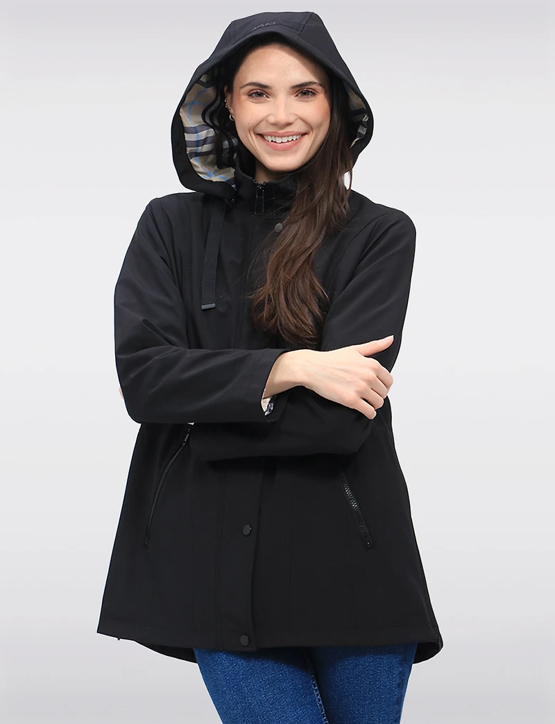 Vegan Breathe-Tech® Softshell Jacket with Plaid-Lined Removable Hood by Saki