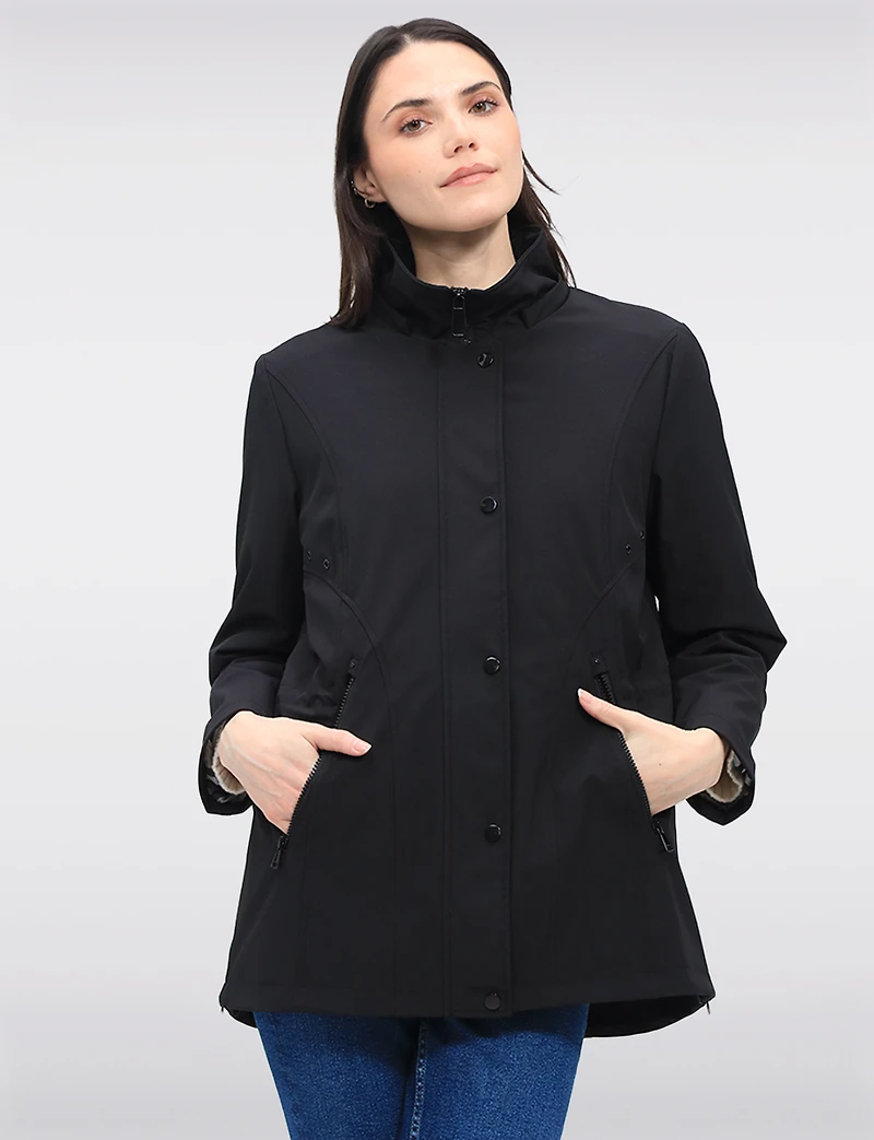 Vegan Breathe-Tech® Softshell Jacket with Plaid-Lined Removable Hood by Saki