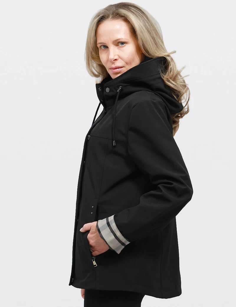 Vegan Breathe-Tech® Softshell Parka with Plaid-Lined Removable Hood by Saki