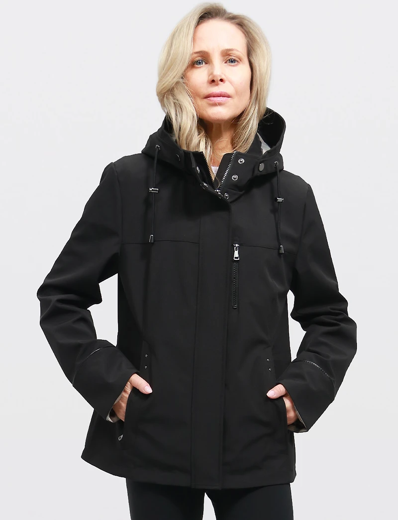 Vegan Breathe-Tech® Softshell Parka with Plaid-Lined Removable Hood by Saki