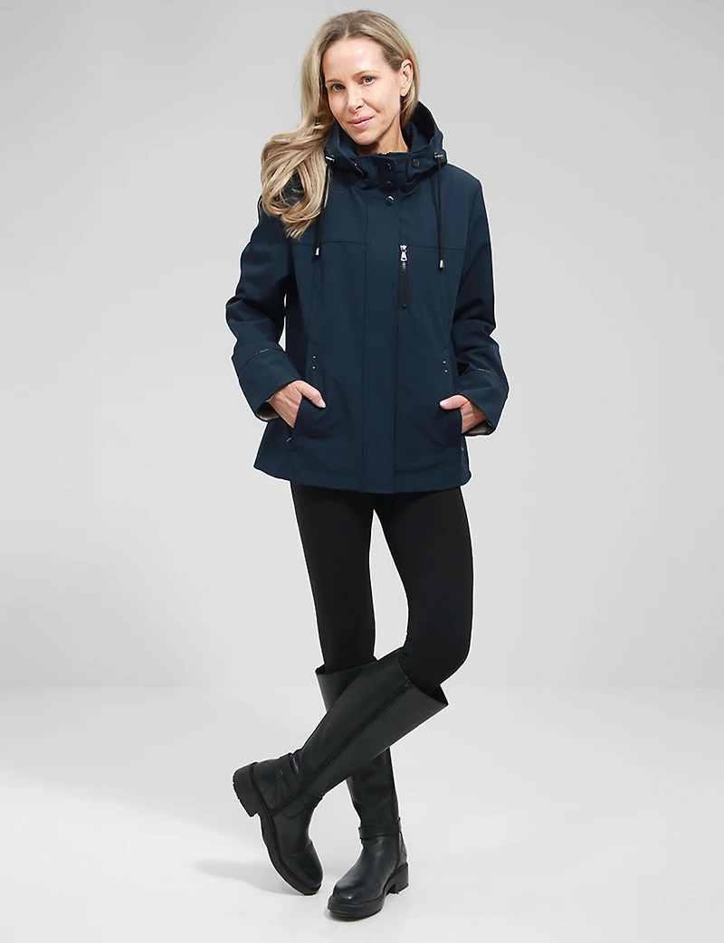 Vegan Breathe-Tech® Softshell Parka with Plaid-Lined Removable Hood by Saki