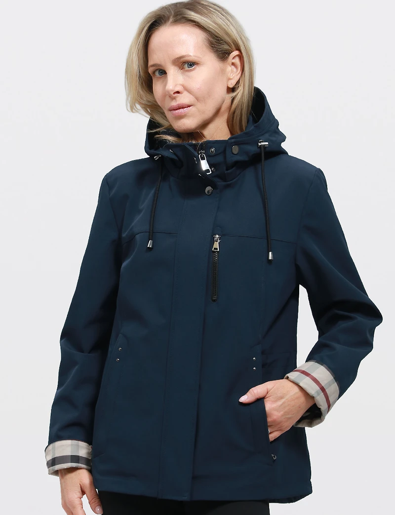 Vegan Breathe-Tech® Softshell Parka with Plaid-Lined Removable Hood by Saki