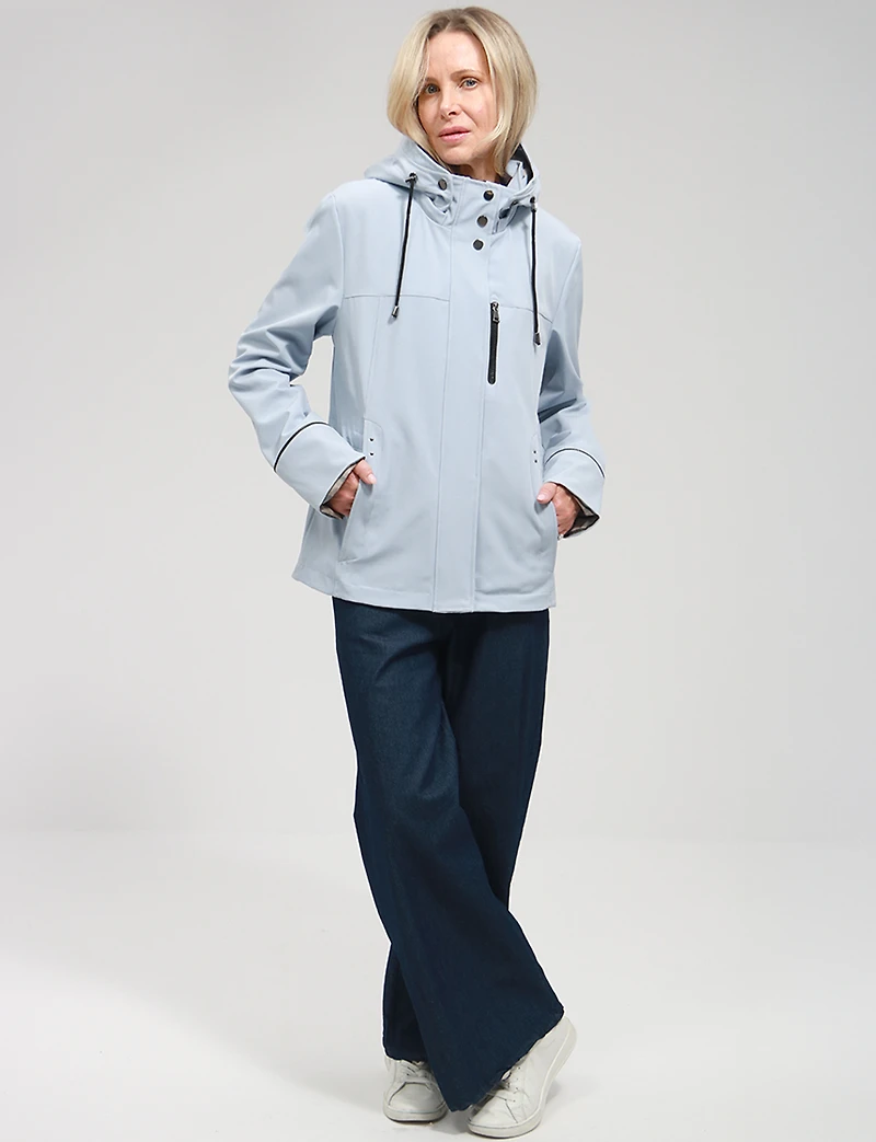 Vegan Breathe-Tech® Softshell Parka with Plaid-Lined Removable Hood by Saki