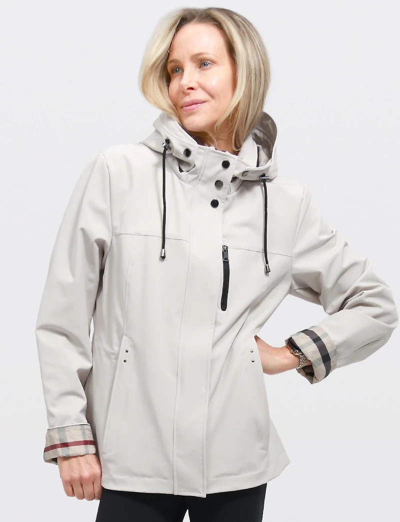 Vegan Breathe-Tech® Softshell Parka with Plaid-Lined Removable Hood by Saki