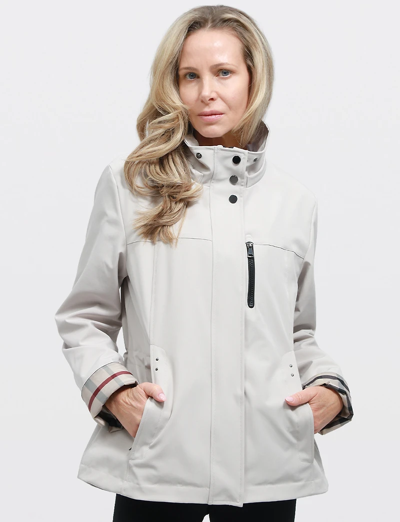 Vegan Breathe-Tech® Softshell Parka with Plaid-Lined Removable Hood by Saki