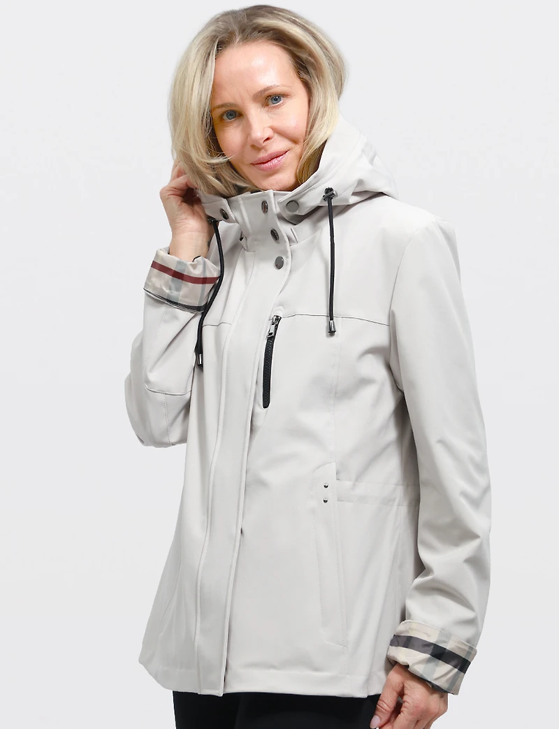 Vegan Breathe-Tech® Softshell Parka with Plaid-Lined Removable Hood by Saki