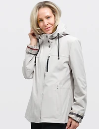 Vegan Breathe-Tech® Softshell Parka with Plaid-Lined Removable Hood by Saki
