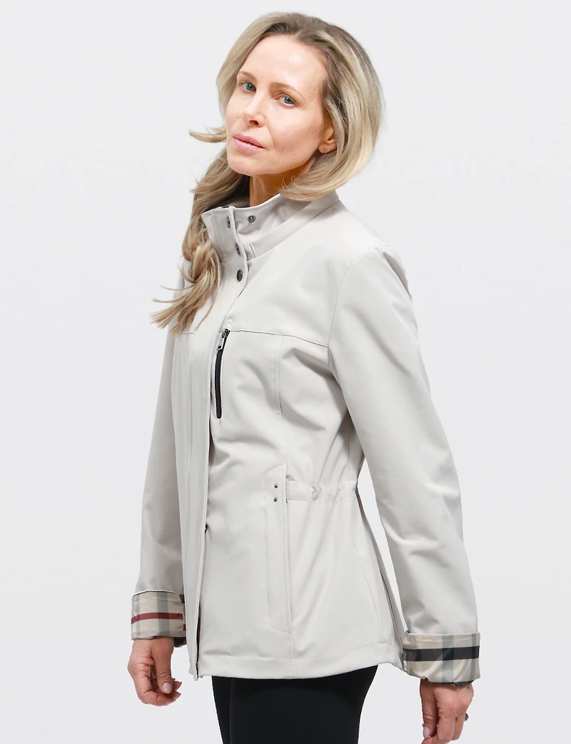 Vegan Breathe-Tech® Softshell Parka with Plaid-Lined Removable Hood by Saki