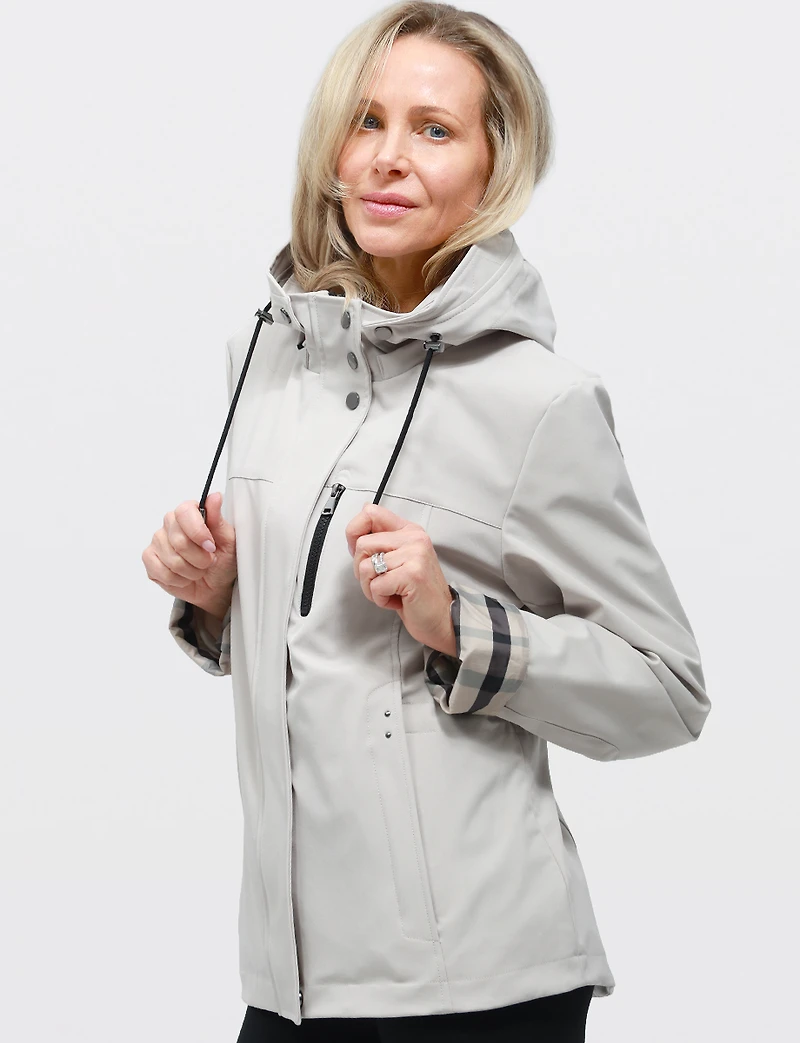 Vegan Breathe-Tech® Softshell Parka with Plaid-Lined Removable Hood by Saki