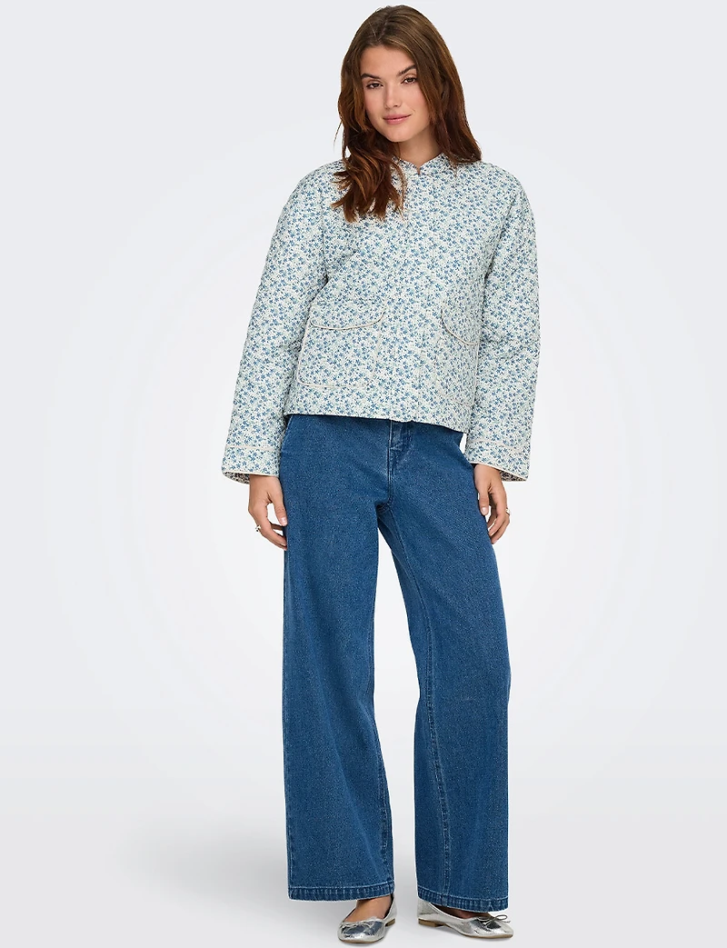 Trendy Blue & Cream Paisley Printed Cropped Patch Pocket Quilted Jacket by Only