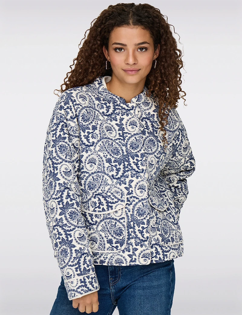 Trendy Floral Printed Cropped Quilted Jacket with Front Patch Pockets by Only
