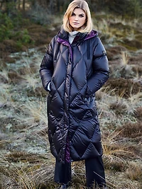 Shiny Two-Tone Diamond Quilted Long Puffer Coat with Detachable Hood by Frandsen