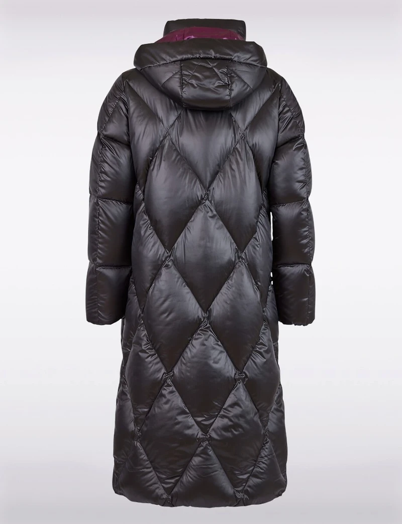 Shiny Two-Tone Diamond Quilted Long Puffer Coat with Detachable Hood by Frandsen