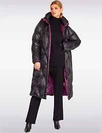 Shiny Two-Tone Diamond Quilted Long Puffer Coat with Detachable Hood by Frandsen
