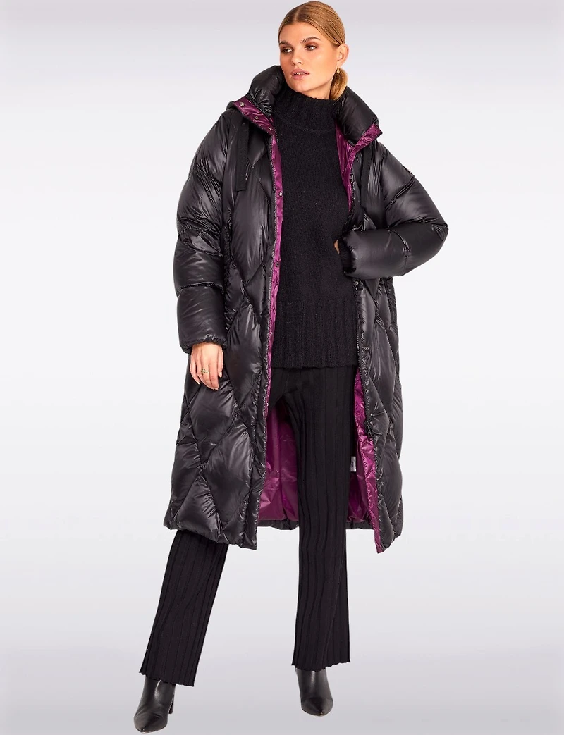 Shiny Two-Tone Diamond Quilted Long Puffer Coat with Detachable Hood by Frandsen