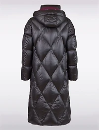 Shiny Two-Tone Diamond Quilted Long Puffer Coat with Detachable Hood by Frandsen