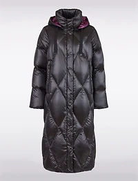 Shiny Two-Tone Diamond Quilted Long Puffer Coat with Detachable Hood by Frandsen