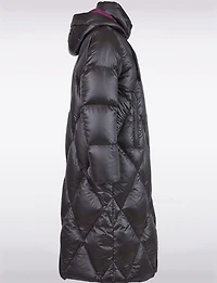 Shiny Two-Tone Diamond Quilted Long Puffer Coat with Detachable Hood by Frandsen