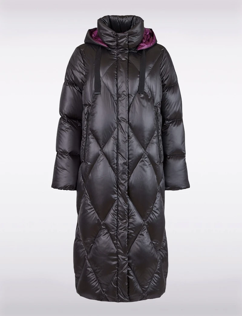 Shiny Two-Tone Diamond Quilted Long Puffer Coat with Detachable Hood by Frandsen
