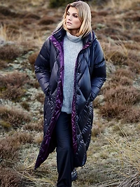 Shiny Two-Tone Diamond Quilted Long Puffer Coat with Detachable Hood by Frandsen