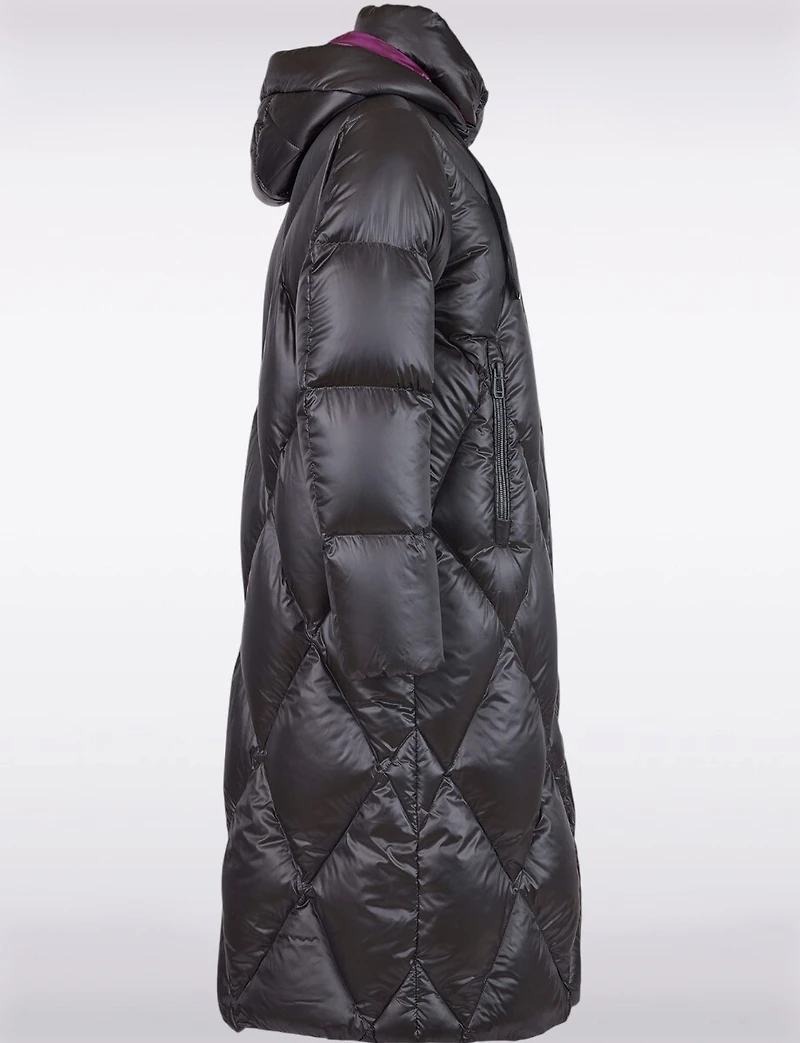 Shiny Two-Tone Diamond Quilted Long Puffer Coat with Detachable Hood by Frandsen