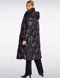 Shiny Two-Tone Diamond Quilted Long Puffer Coat with Detachable Hood by Frandsen