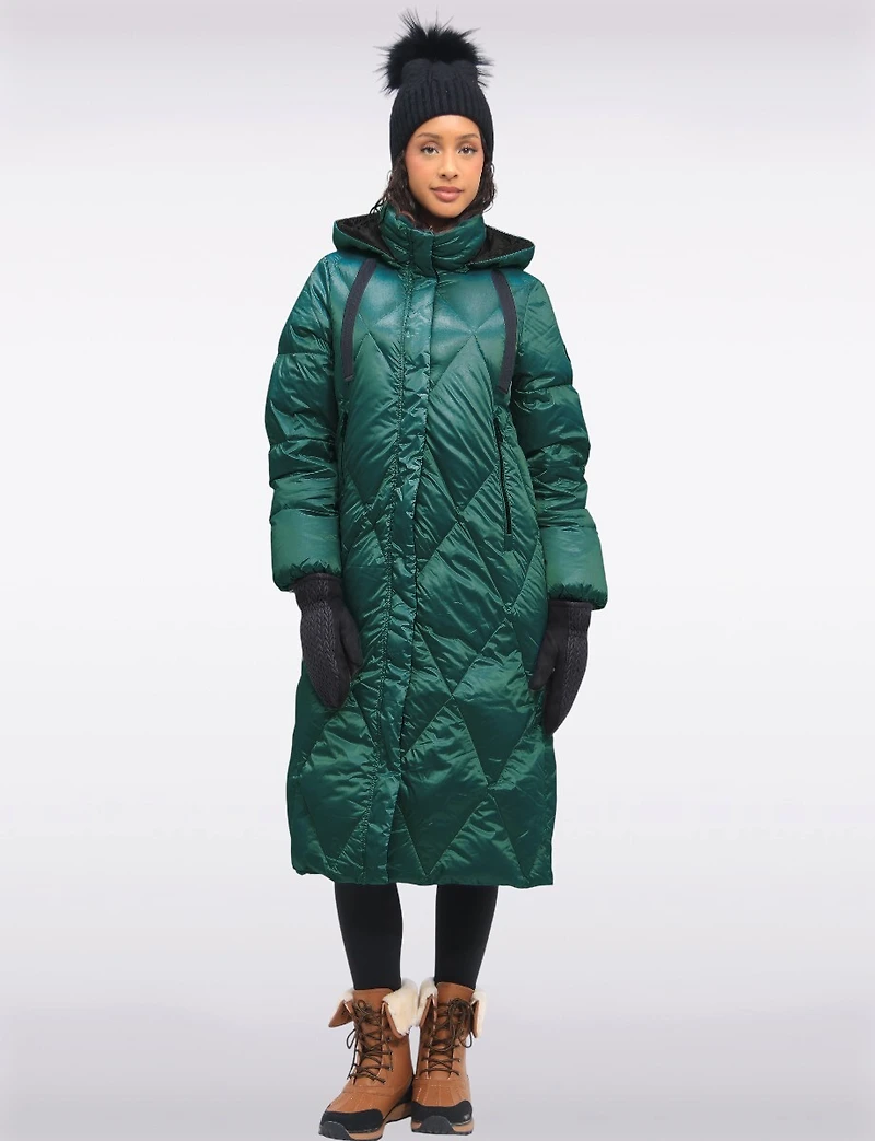 Shiny Two-Tone Diamond Quilted Long Puffer Coat with Detachable Hood by Frandsen