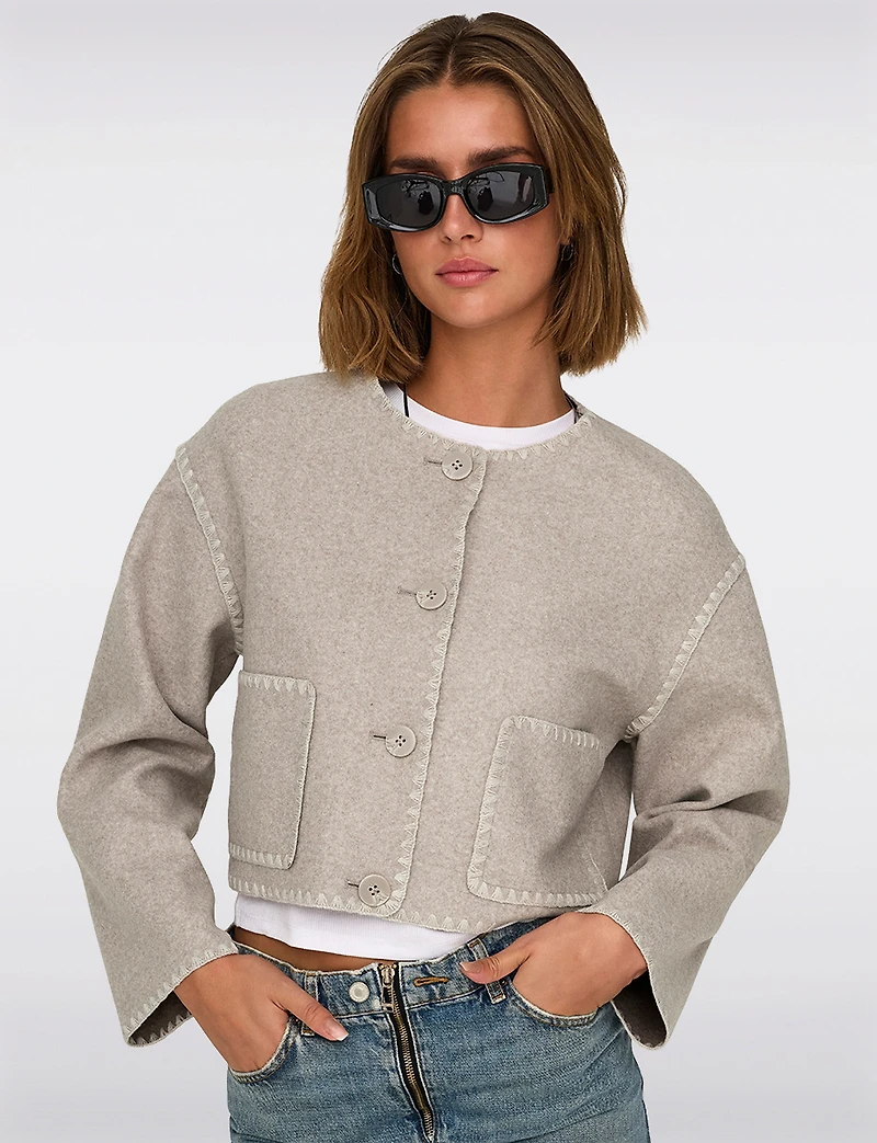 Trendy Cropped Wool-Like Jacket with Chic Off-White Stitching Trim by Only
