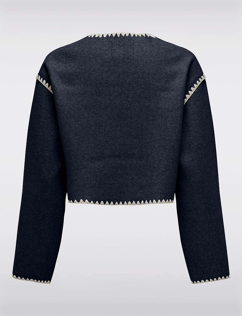 Trendy Cropped Wool-Like Jacket with Chic Off-White Stitching Trim by Only
