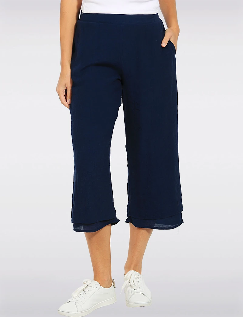 Goa Double-Layer Wide-Leg Flowy Crop Pant - Relaxed Capri Fit with Side Pockets