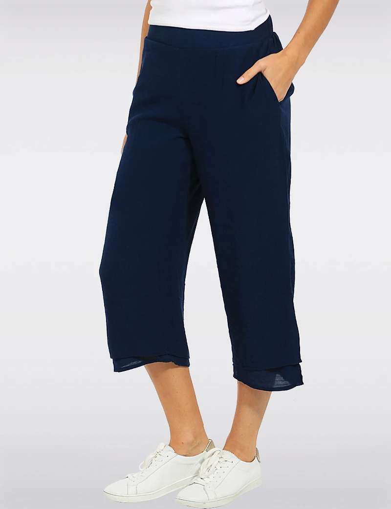 Goa Double-Layer Wide-Leg Flowy Crop Pant - Relaxed Capri Fit with Side Pockets