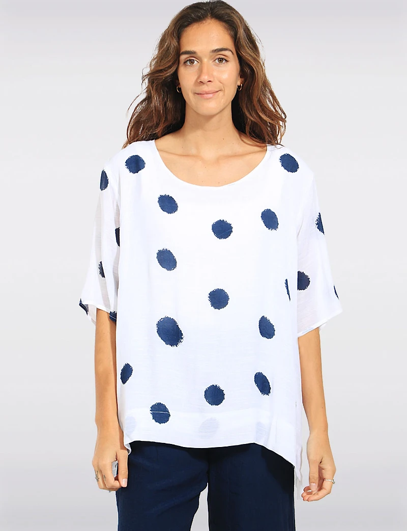 Relaxed Polka Dot Dolman Short-Sleeve High-Low Cut Tunic Top with by Goa