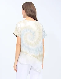 Goa Flowy Linen-Blend Asymmetric Top with Short Sleeves & Spiral Tie-Dye Design