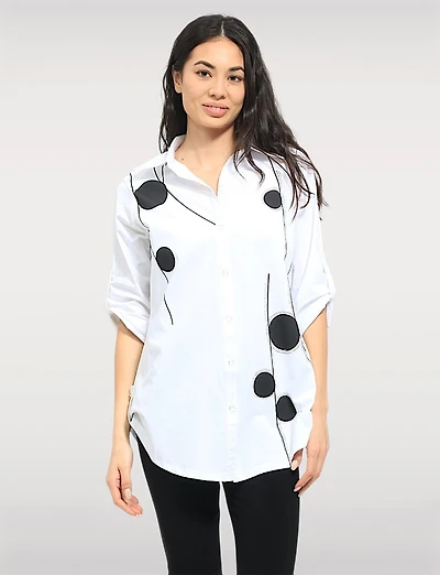 Circle Motif Stretch Cotton Shirt with Roll-Up 3/4 Sleeves & Rounded Hem by Goa