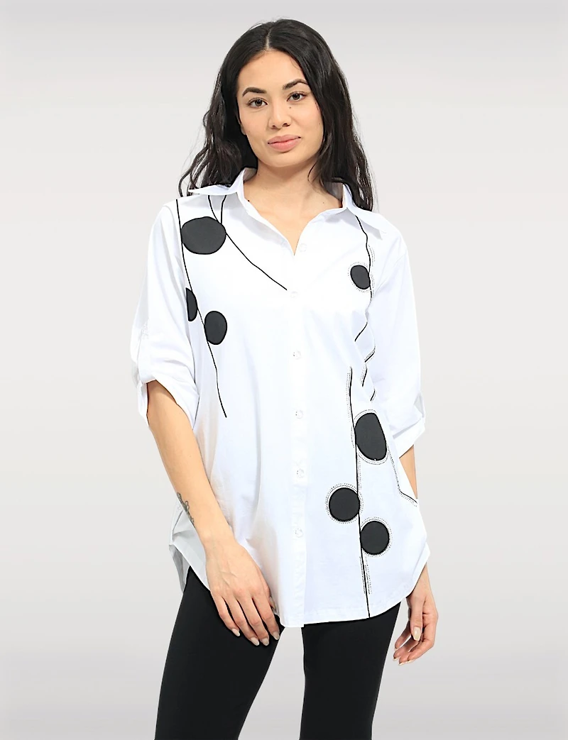 Circle Motif Stretch Cotton Shirt with Roll-Up 3/4 Sleeves & Rounded Hem by Goa