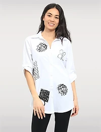 Abstract Print Stretch Cotton Shirt Roll-Up 3/4 Sleeves & Side Hem Tabs by Goa