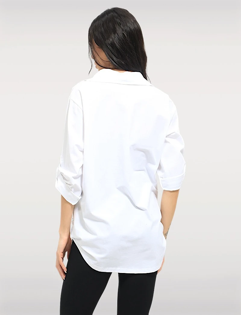 Abstract Print Stretch Cotton Shirt Roll-Up 3/4 Sleeves & Side Hem Tabs by Goa