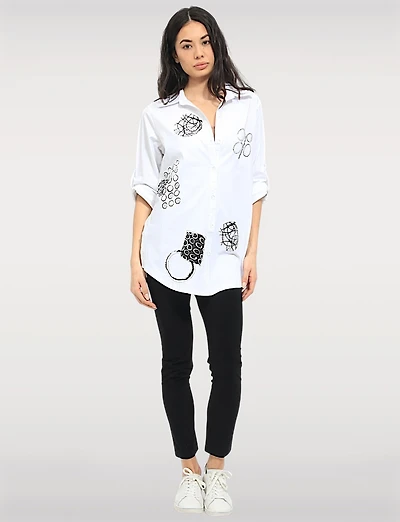 Abstract Print Stretch Cotton Shirt Roll-Up 3/4 Sleeves & Side Hem Tabs by Goa