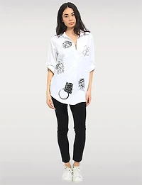 Abstract Print Stretch Cotton Shirt Roll-Up 3/4 Sleeves & Side Hem Tabs by Goa