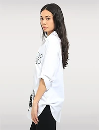 Abstract Print Stretch Cotton Shirt Roll-Up 3/4 Sleeves & Side Hem Tabs by Goa
