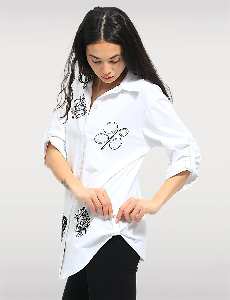 Abstract Print Stretch Cotton Shirt Roll-Up 3/4 Sleeves & Side Hem Tabs by Goa