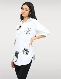 Abstract Print Stretch Cotton Shirt Roll-Up 3/4 Sleeves & Side Hem Tabs by Goa